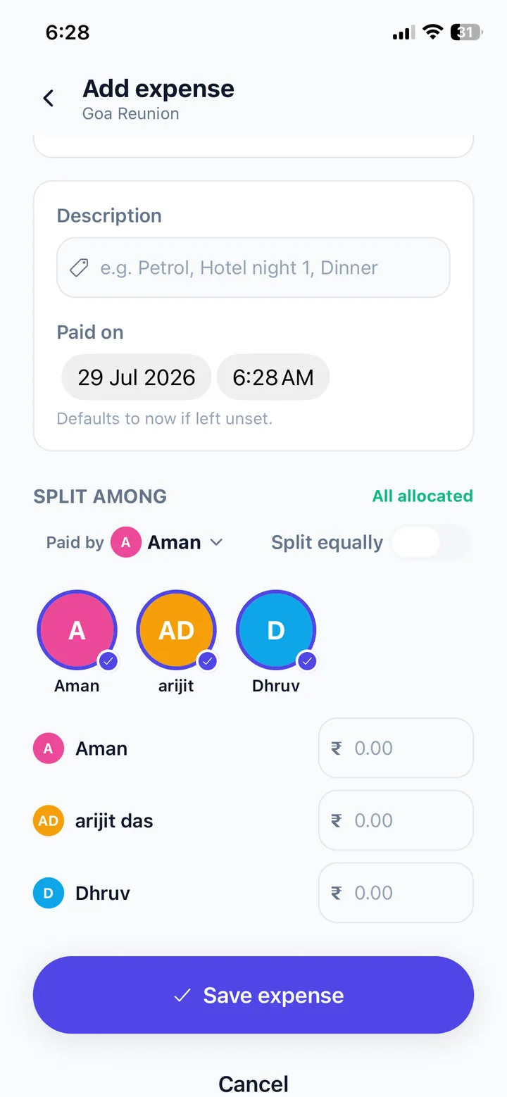 Splitting an expense in TripSynk equally between three travellers